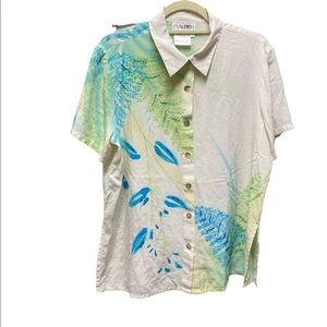 Valenti blouse 100% silk  button up short sleeve bead/sequin embellishment Sz LG